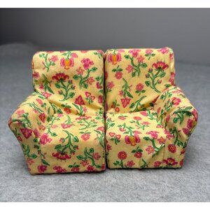 Vintage Fisher Price Loving Family Dollhouse Mini Yellow Floral Sofa Chair Set